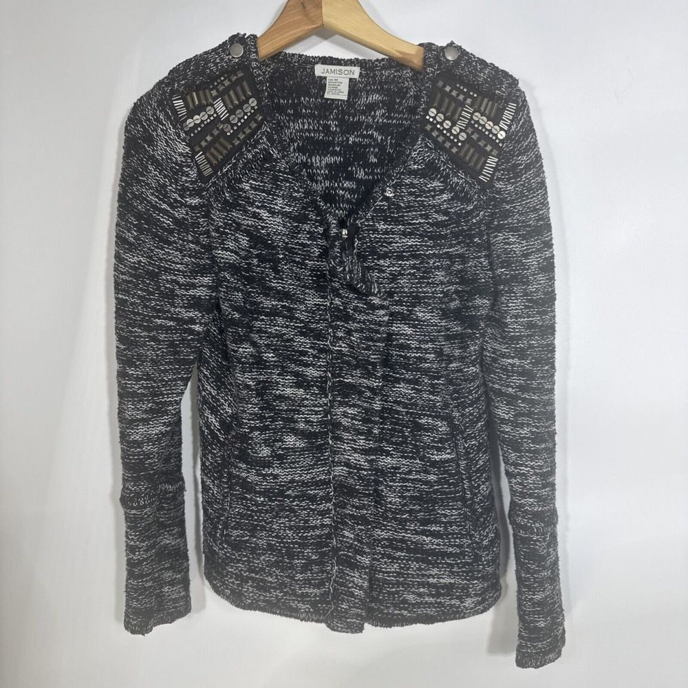 Jamison Womens Black White Marled Knit Beaded Shoulder Asymmetric Zip Cardigan M